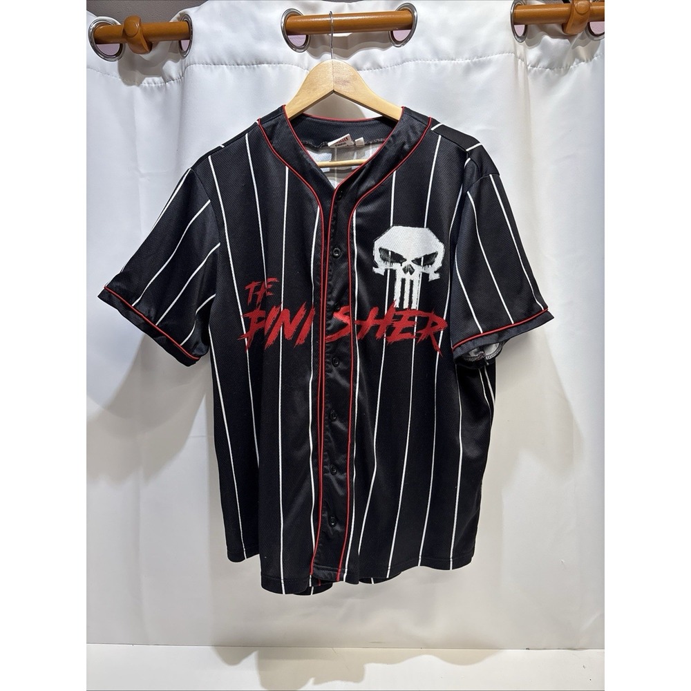 Marvel The Punisher Mens L Black Baseball Jersey Button Top Pinstripe Top